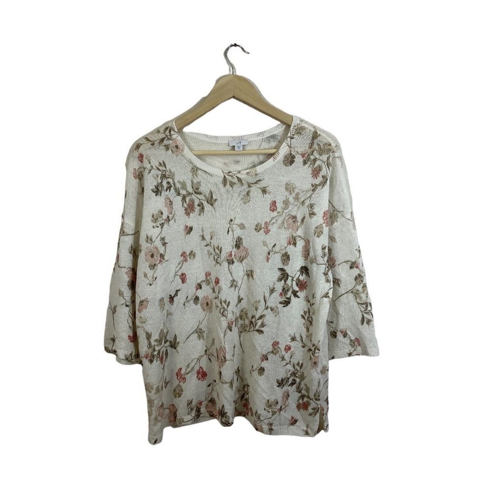 J Jill Medium Petite MP Sweater Top Botanical Floral 1/2 Sleeve Linen Blend Boxy